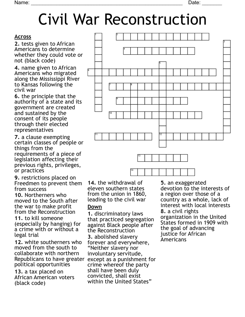 Civil War Reconstruction Crossword