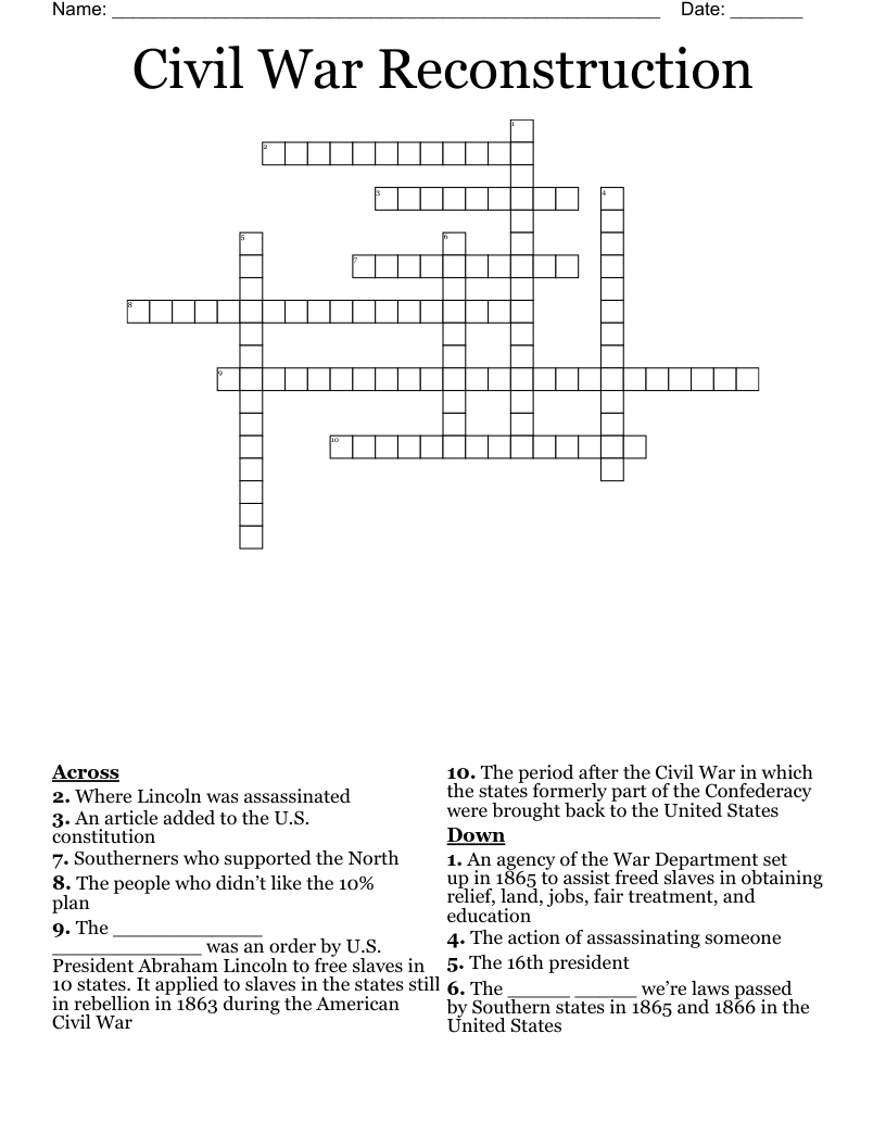 Civil War Reconstruction Crossword