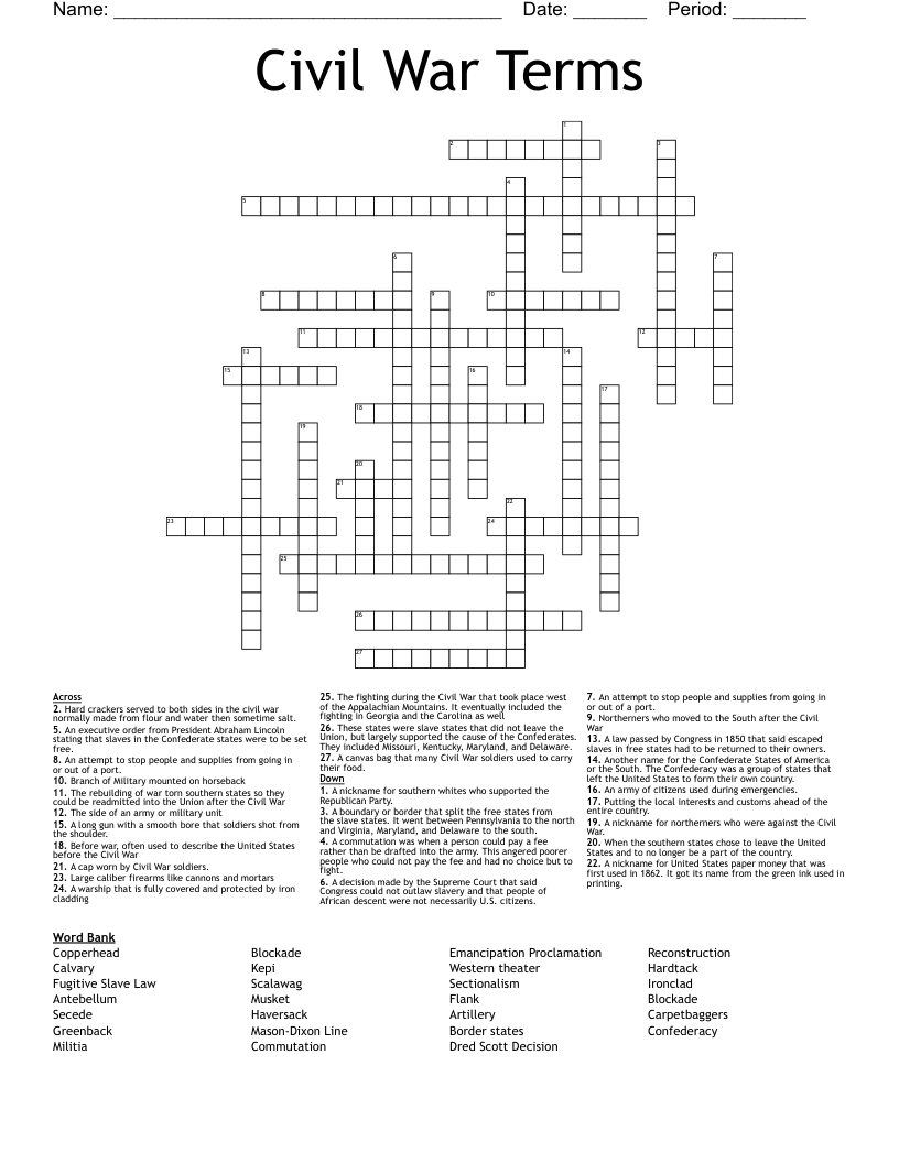 Civil War Terms Crossword