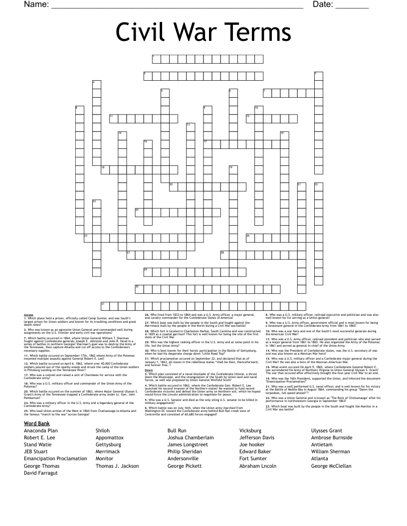 Civil War Terms Crossword
