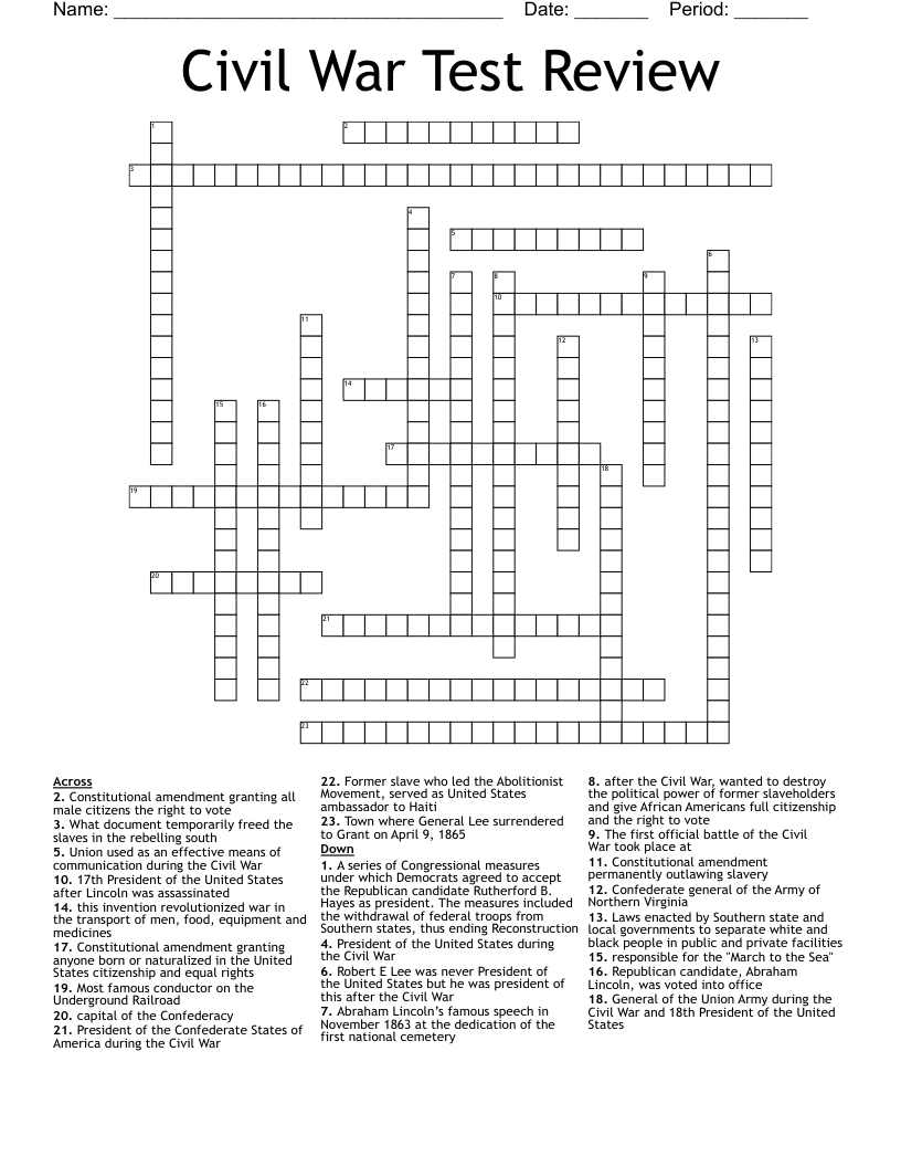 Civil War Test Review Crossword