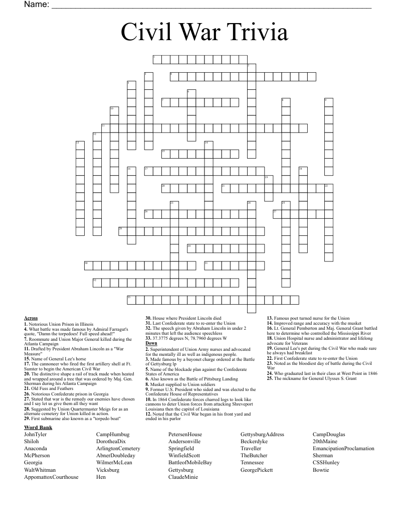 Civil War Trivia  Crossword