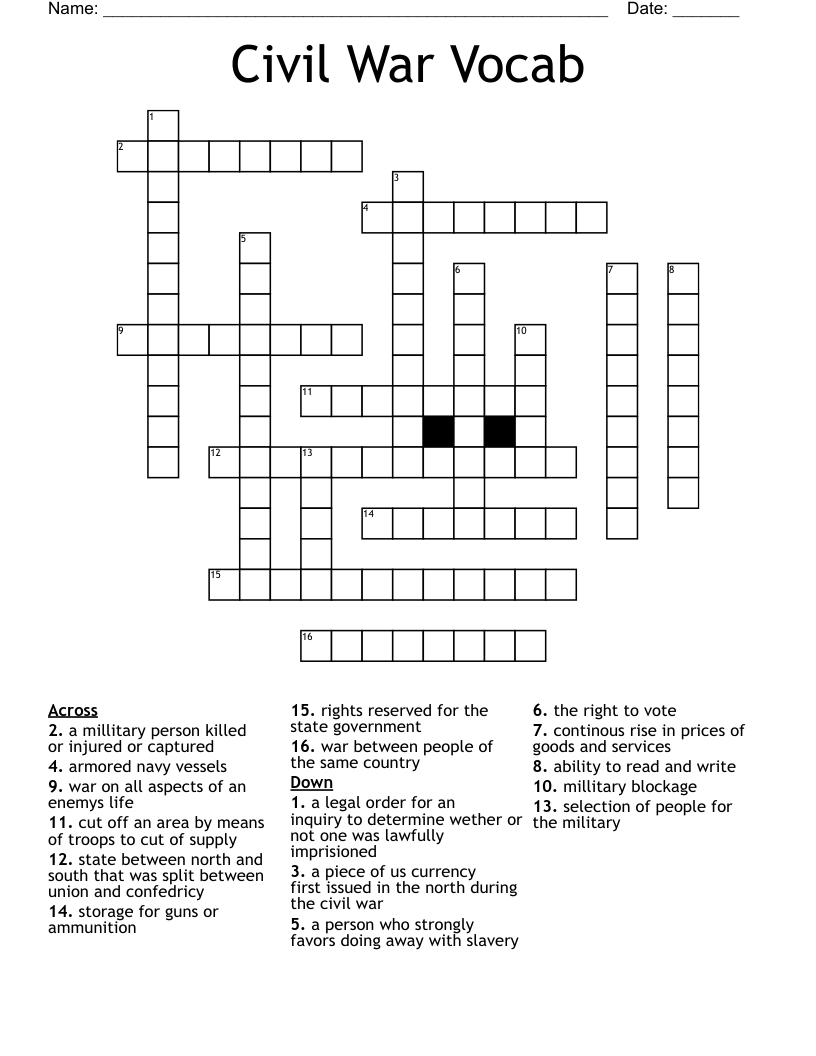 Civil War Vocab Crossword