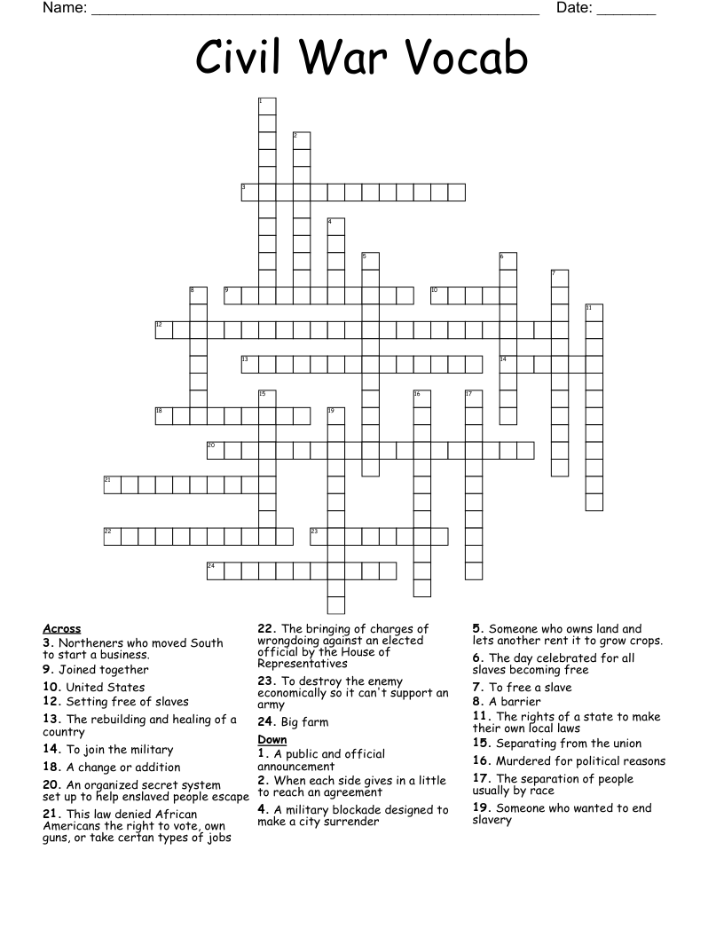 Civil War Vocab Crossword