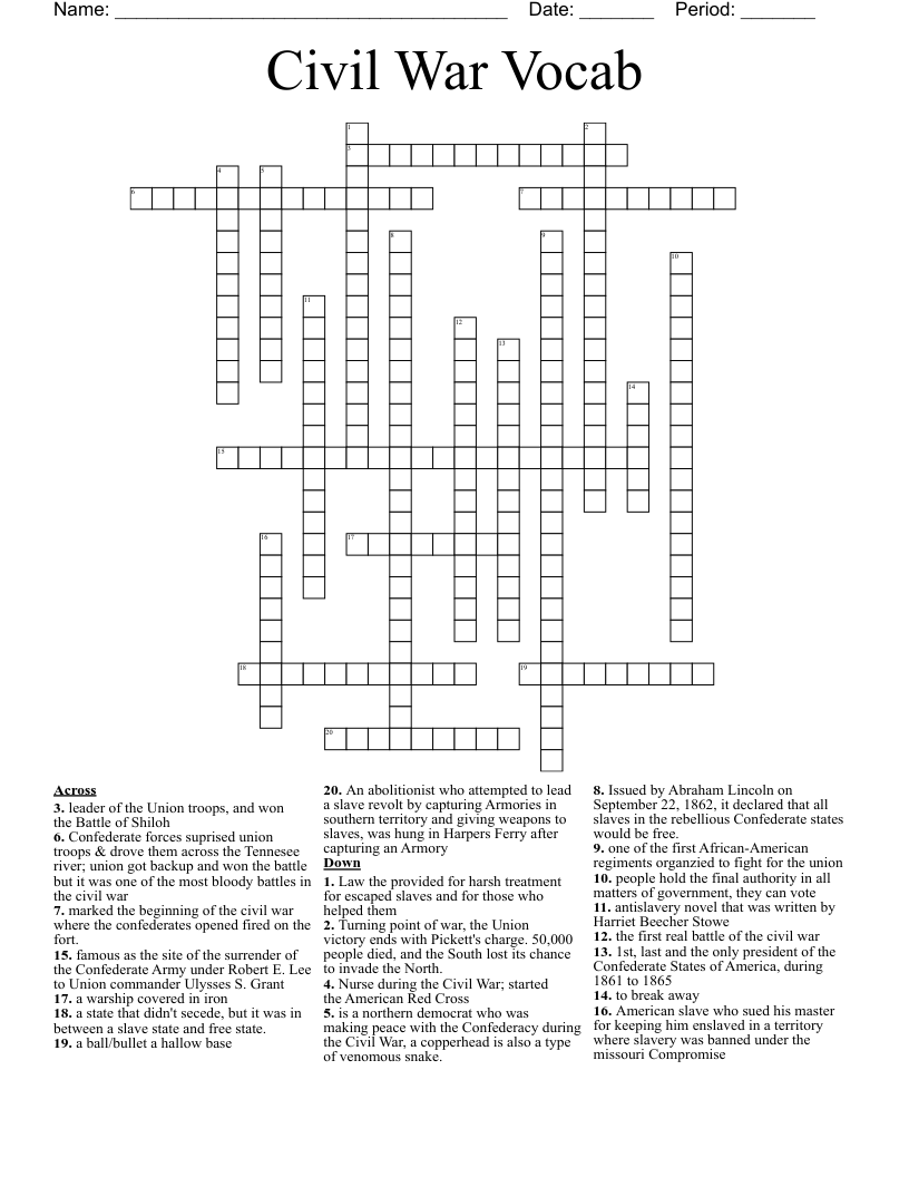 Civil War Vocab Crossword