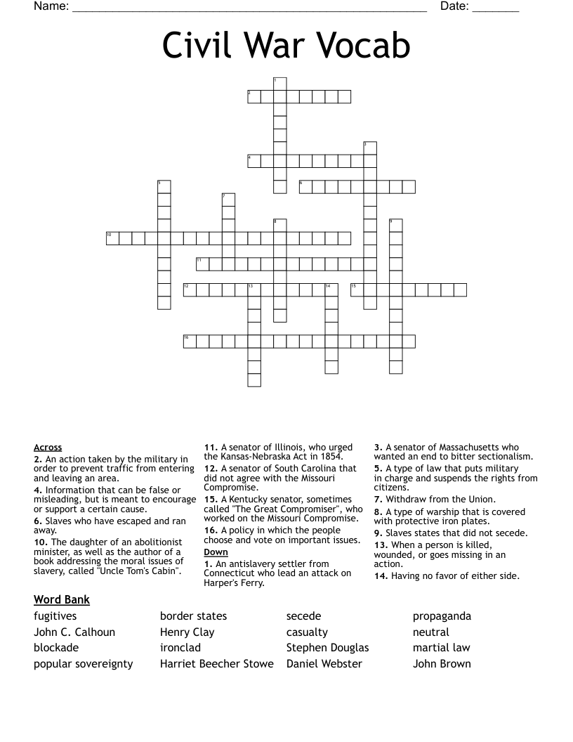 Civil War Vocab Crossword