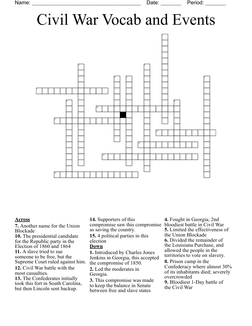 Civil War Vocab and Events Crossword