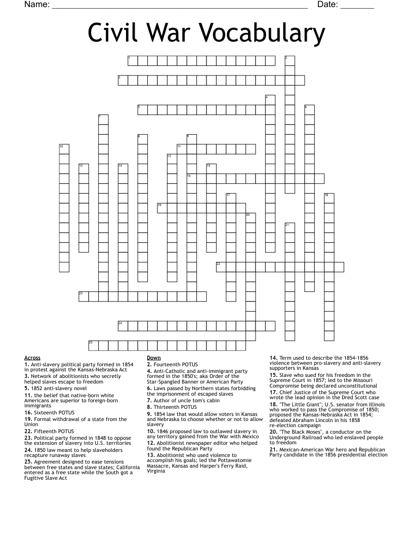 Civil War Vocabulary Crossword