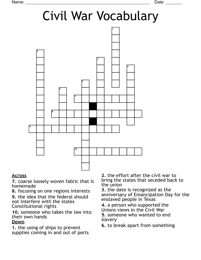 Civil War Vocabulary Crossword
