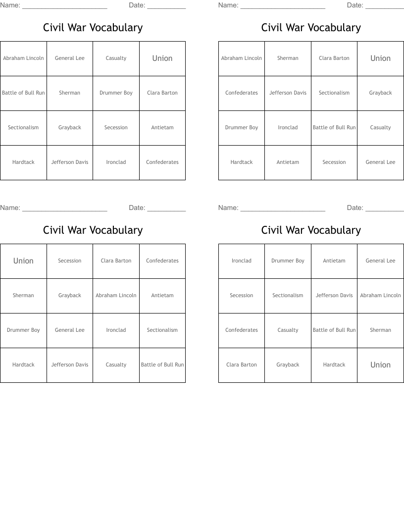 Civil War Vocabulary Bingo Cards