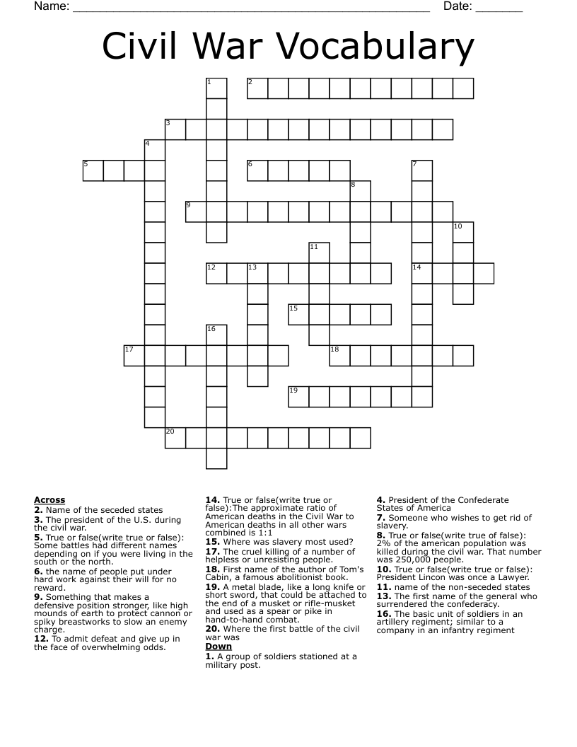 Civil War Vocabulary Crossword