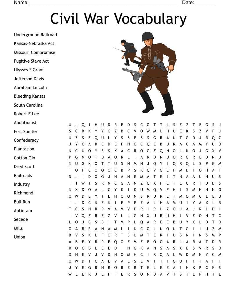 Civil War Vocabulary Word Search
