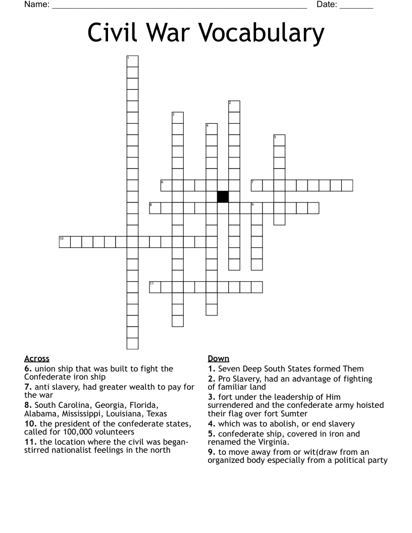 Civil War Vocabulary Crossword