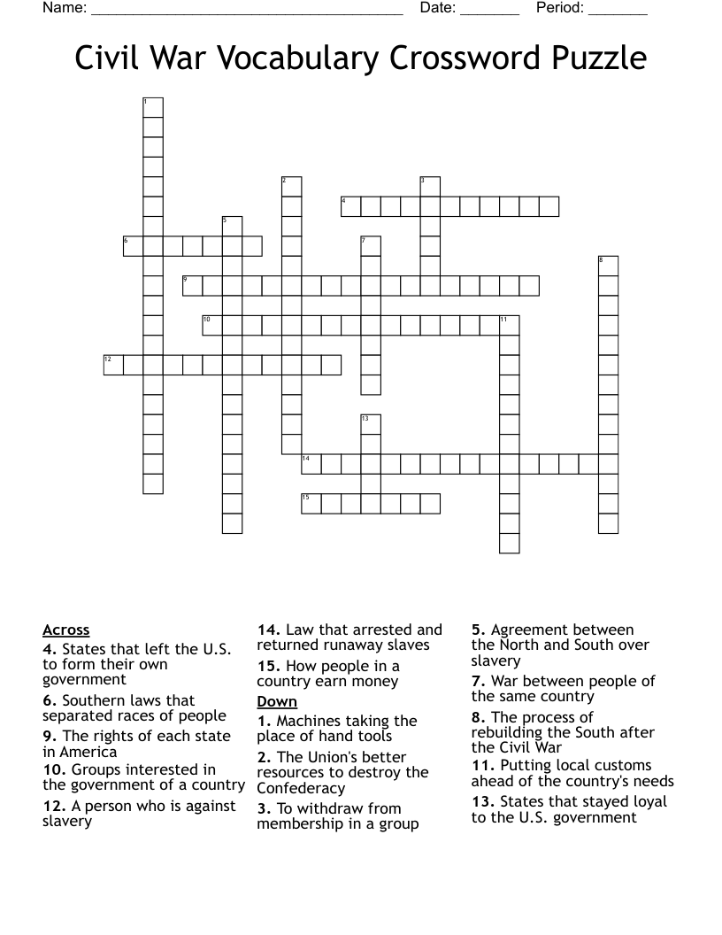 Civil War Vocabulary Crossword Puzzle