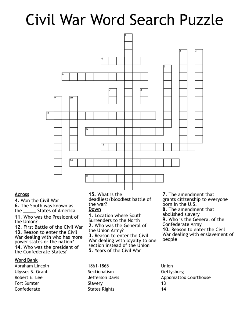 Civil War Word Search Puzzle Crossword