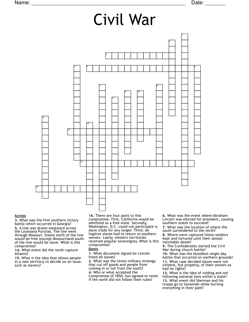 Civil War  Crossword
