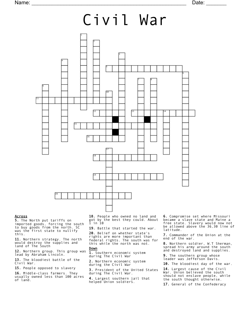 Civil War  Crossword