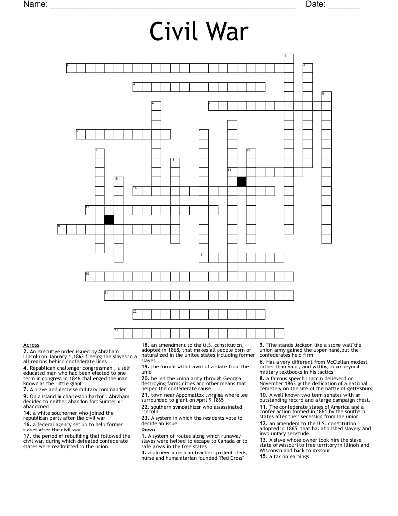 Civil War  Crossword