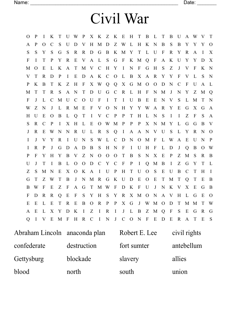 Civil War  Word Search