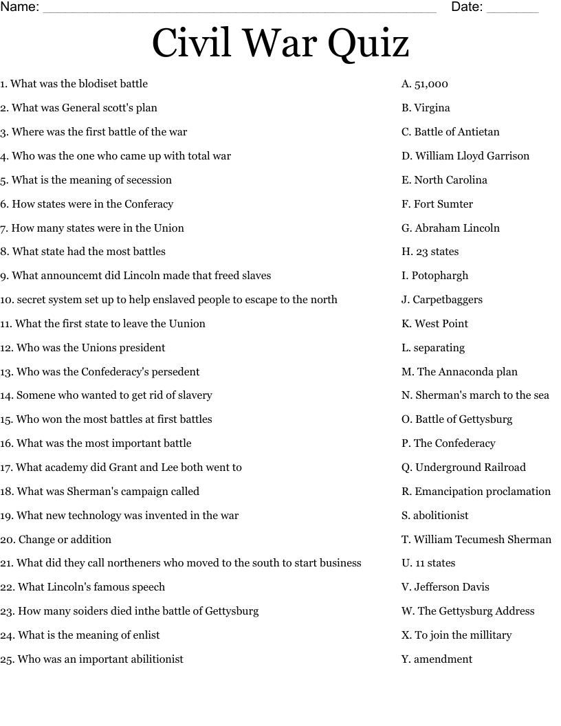 Civil War  Quiz Worksheet