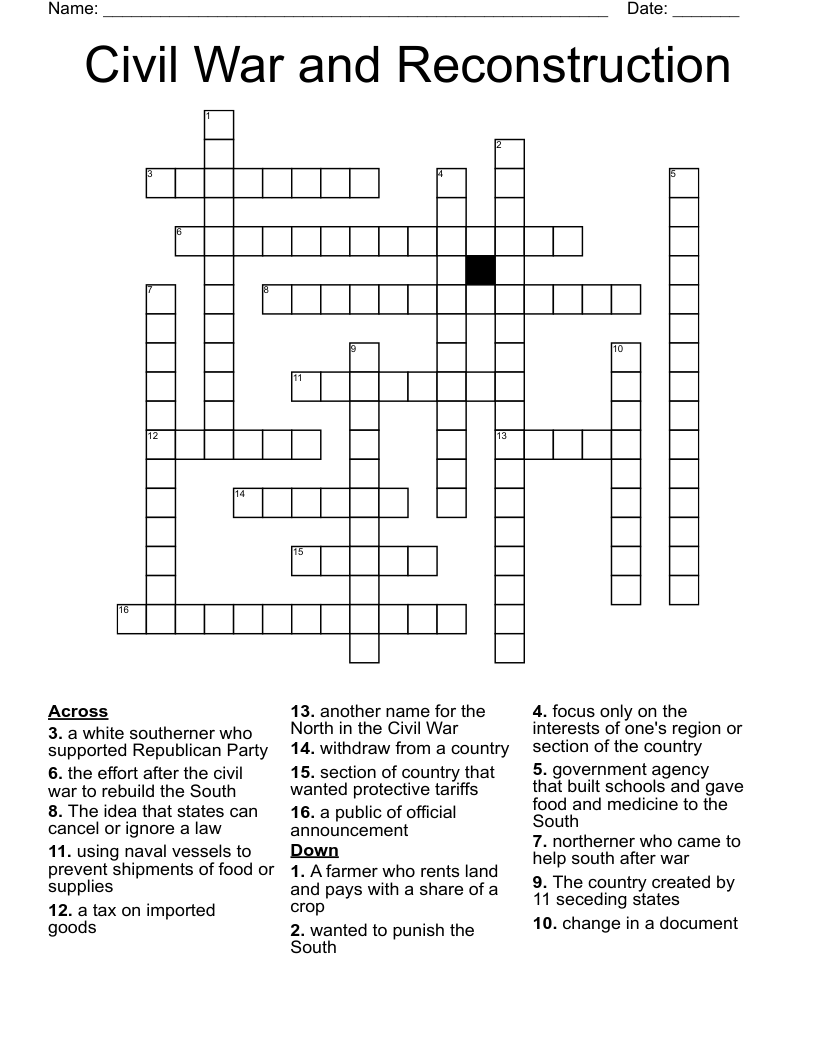 Civil War and Reconstruction Crossword