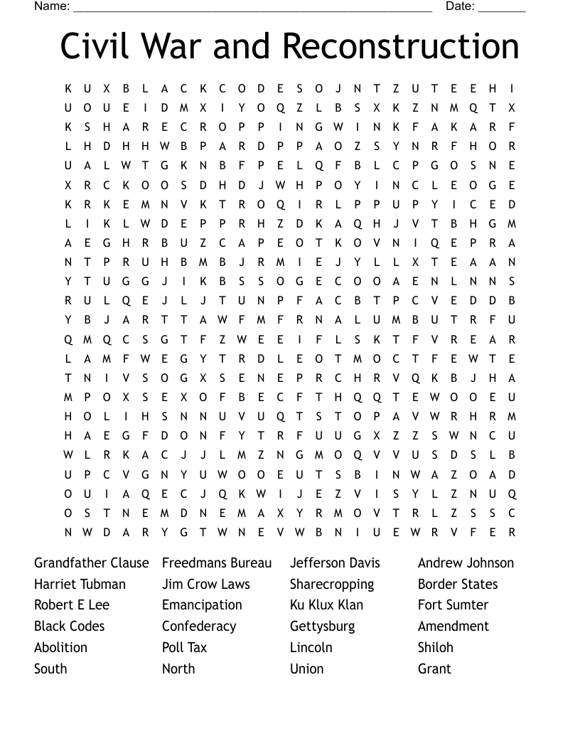 Civil War and Reconstruction Word Search