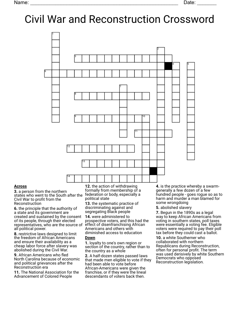 Civil War and Reconstruction Crossword