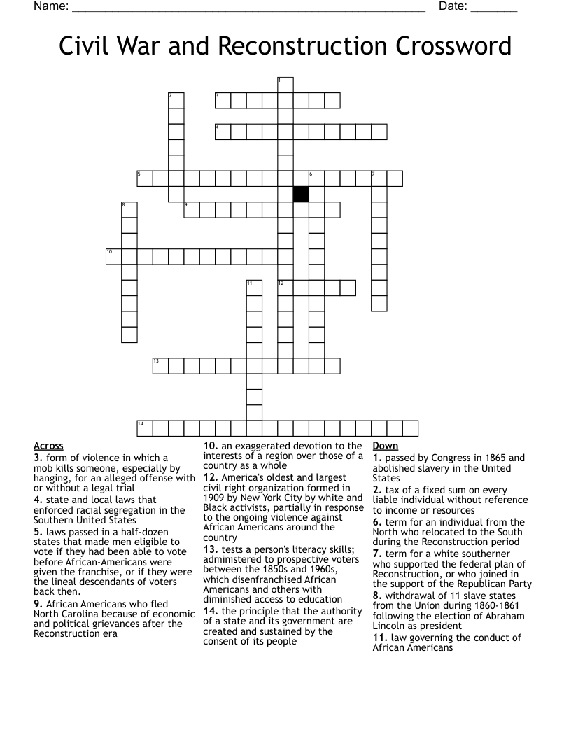 Civil War and Reconstruction Crossword