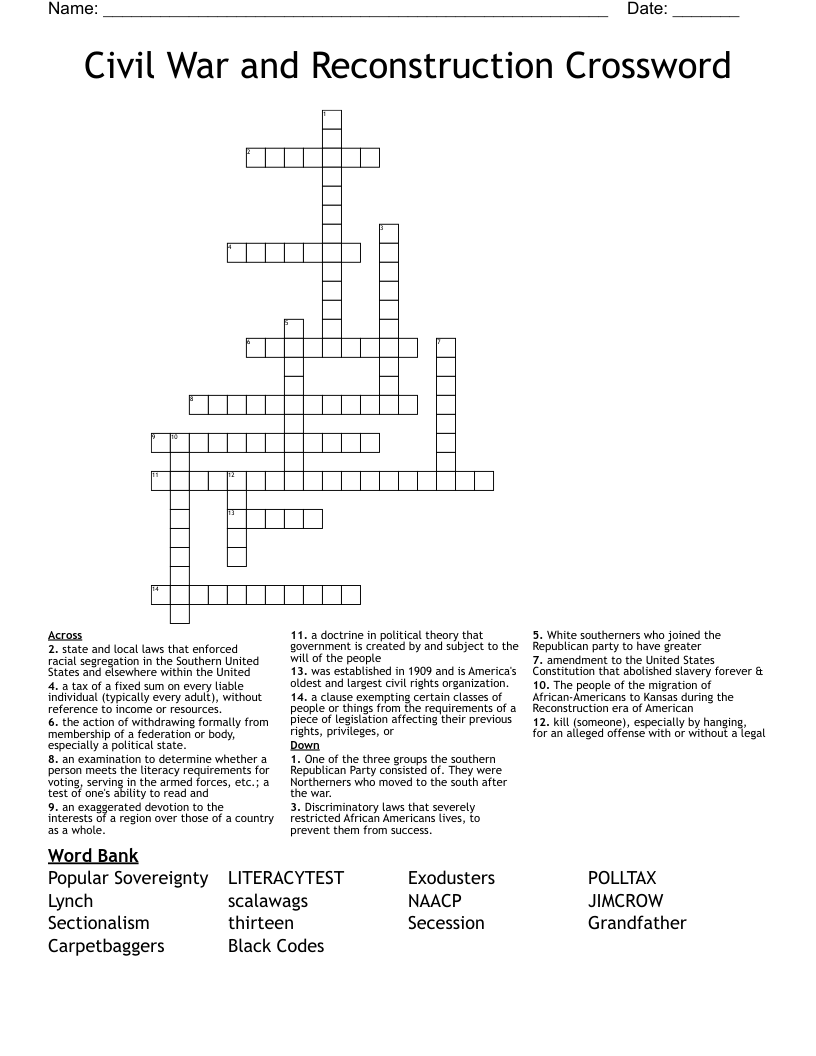 Civil War and Reconstruction Crossword