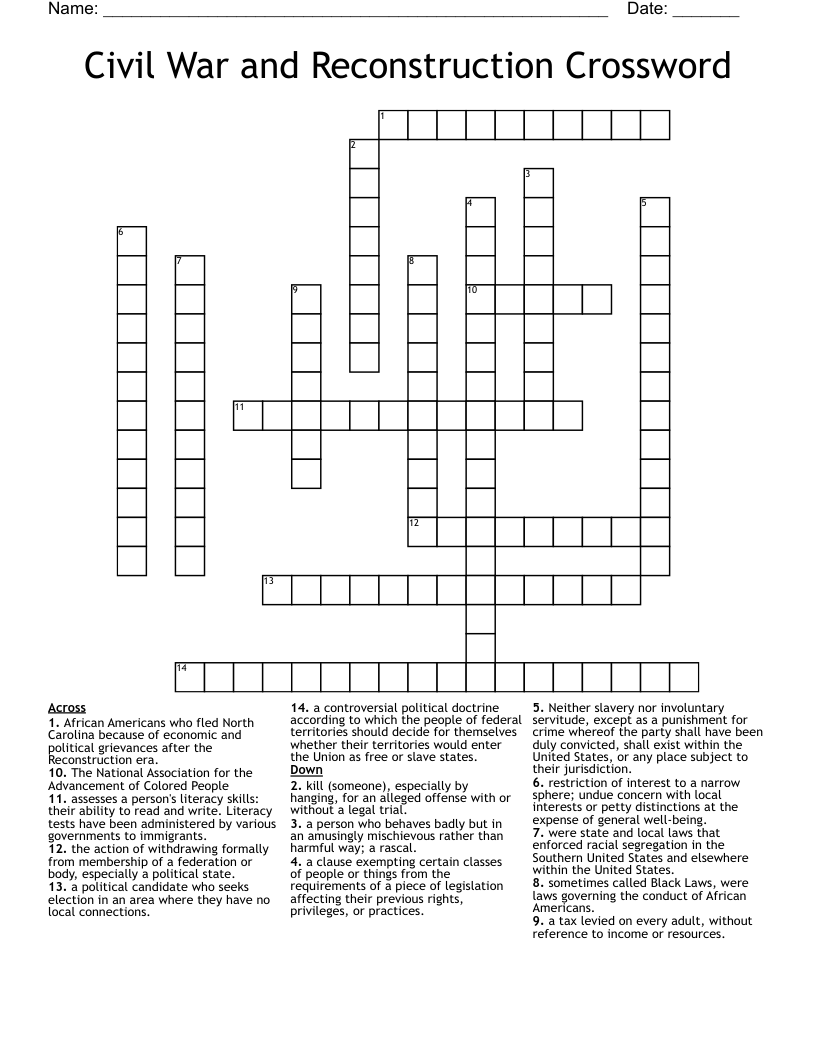 Civil War and Reconstruction Crossword