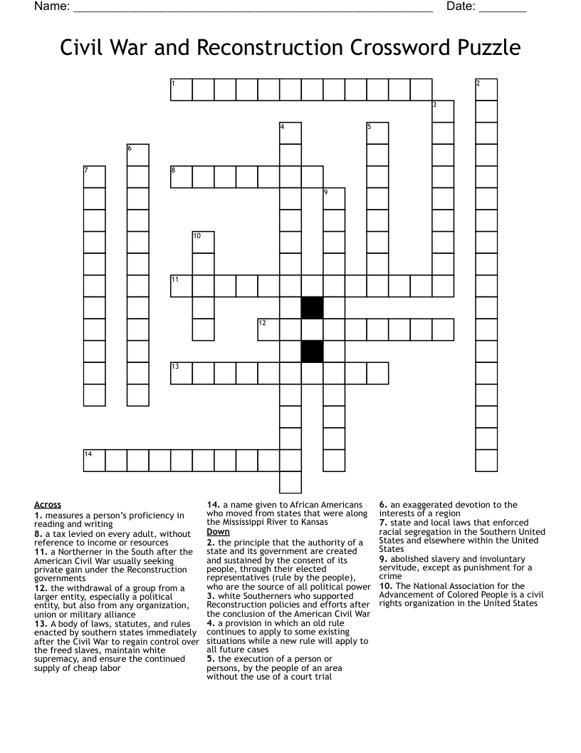 Civil War and Reconstruction Crossword Puzzle