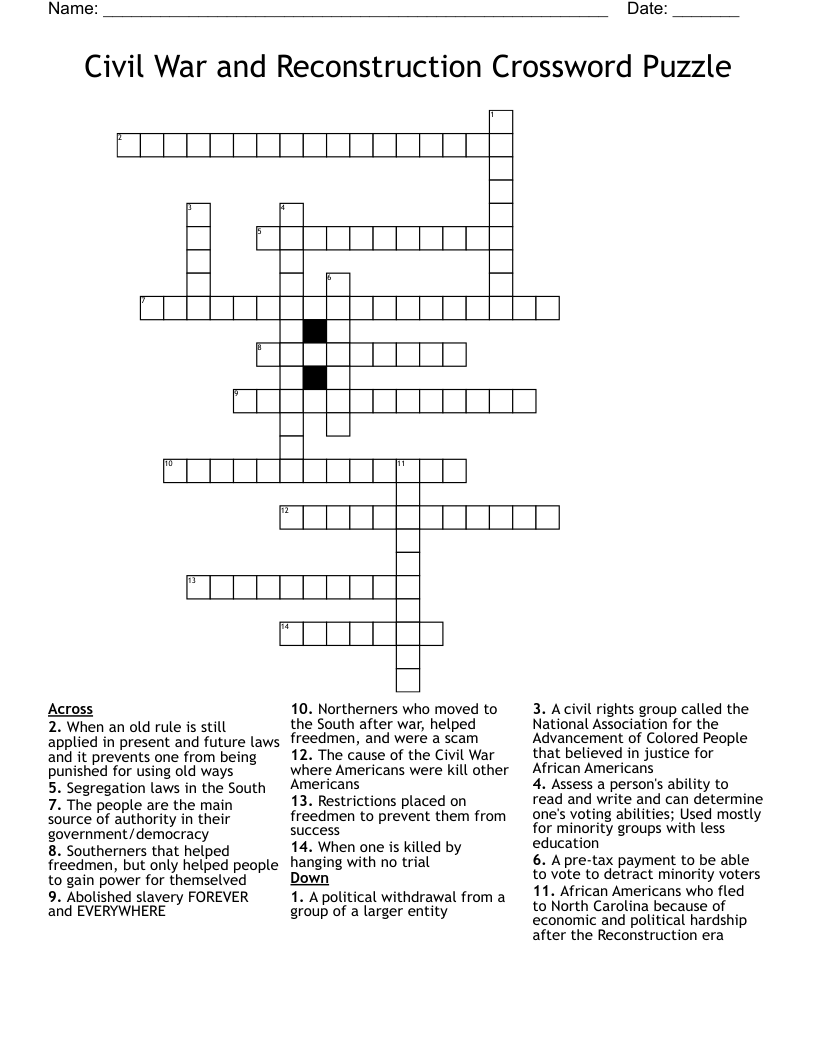 Civil War and Reconstruction Crossword Puzzle