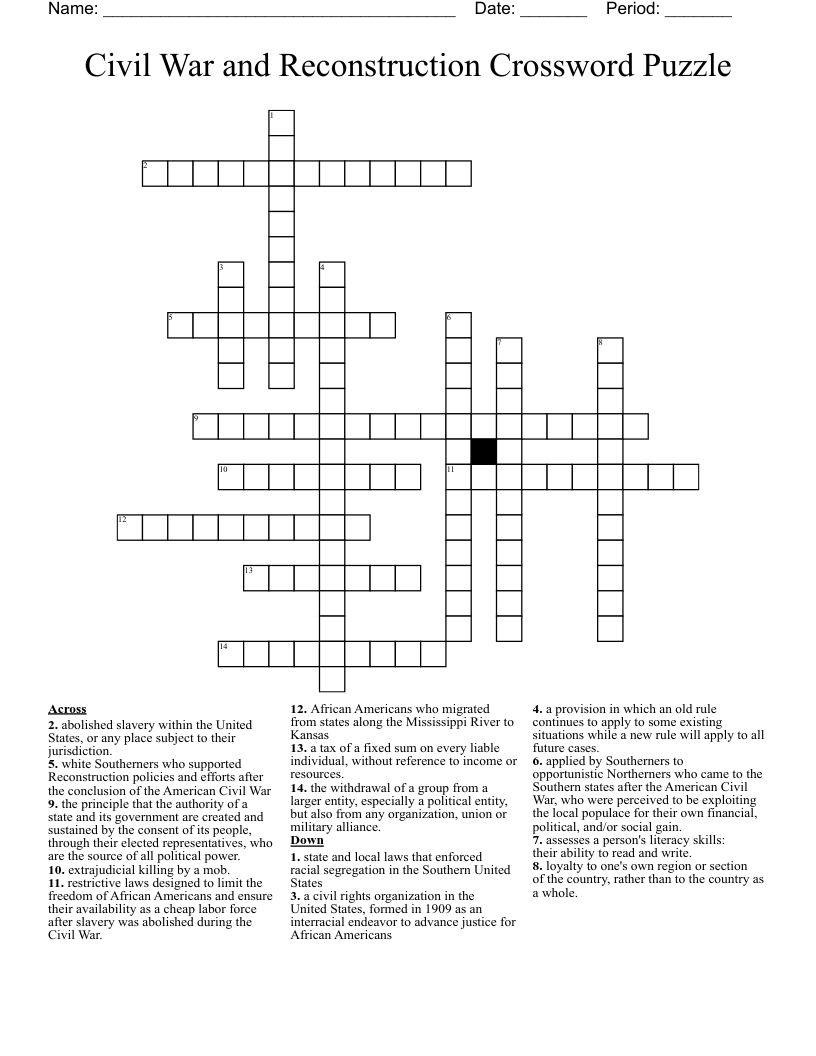 Civil War and Reconstruction Crossword Puzzle