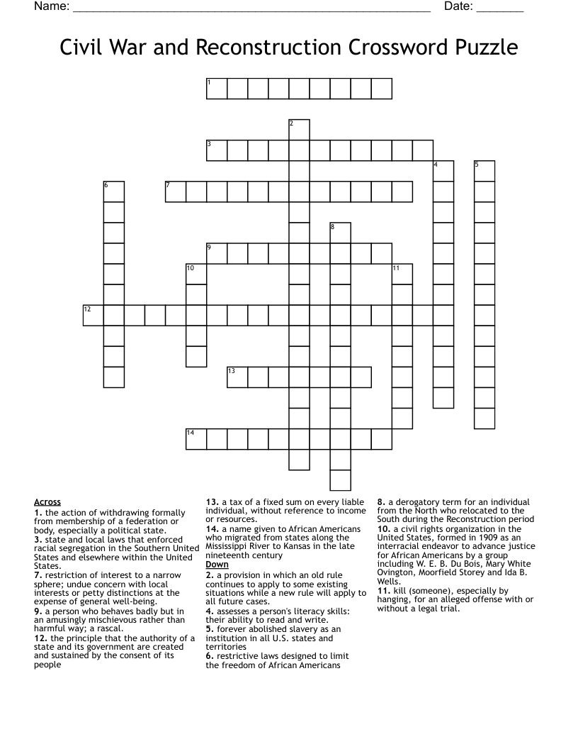 Civil War and Reconstruction Crossword Puzzle