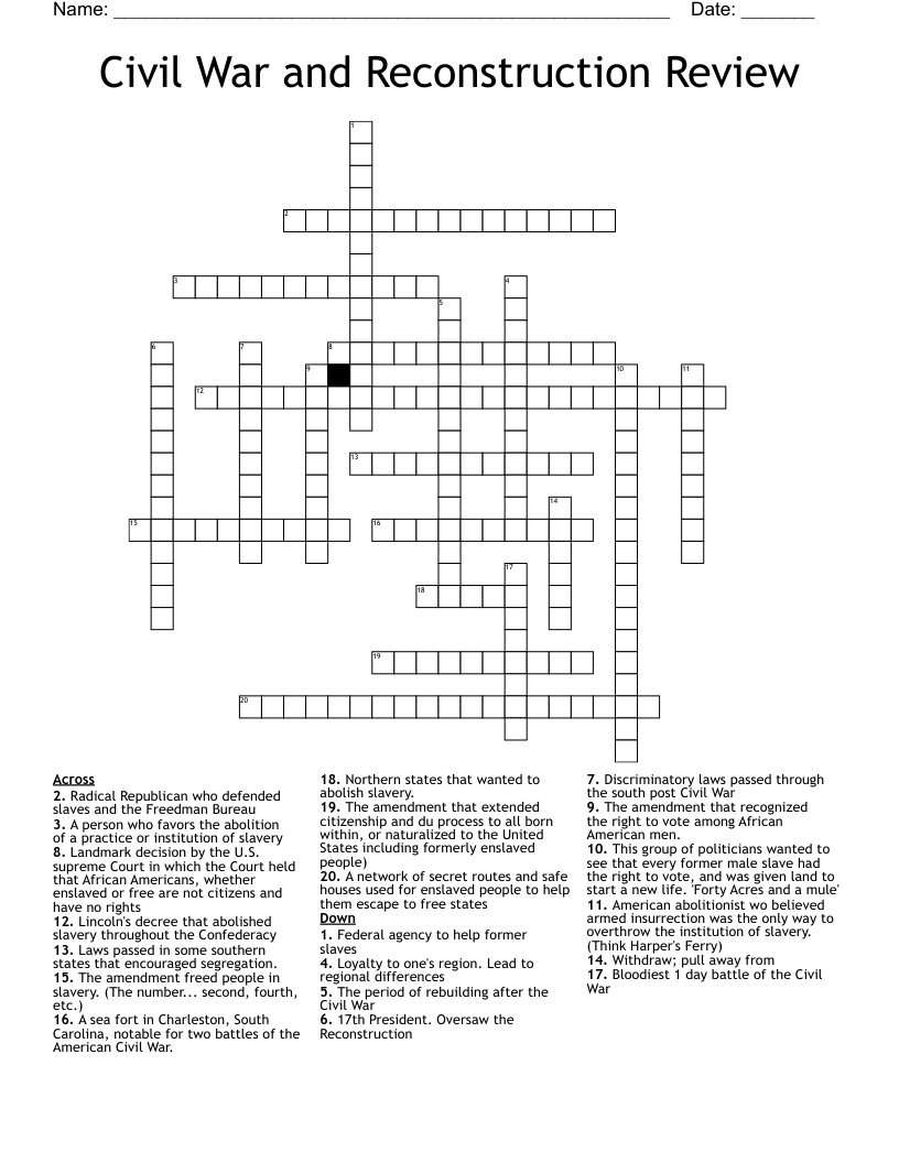 Civil War and Reconstruction Review  Crossword