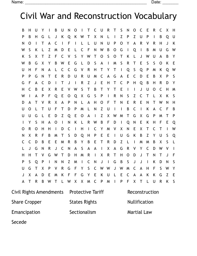 Civil War and Reconstruction Vocabulary Word Search