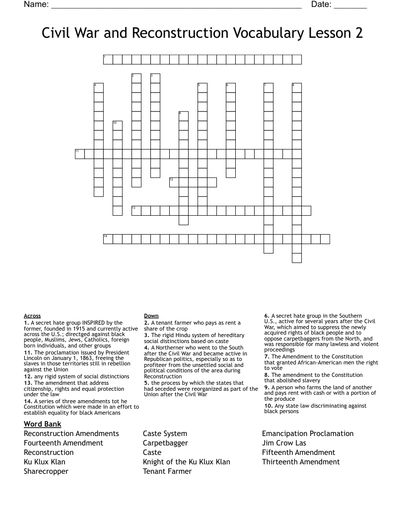 Civil War and Reconstruction Vocabulary Lesson 2 Crossword