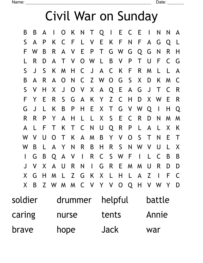 Civil War on Sunday Word Search