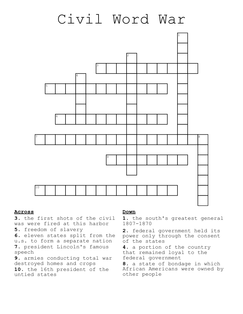 Civil Word War Crossword