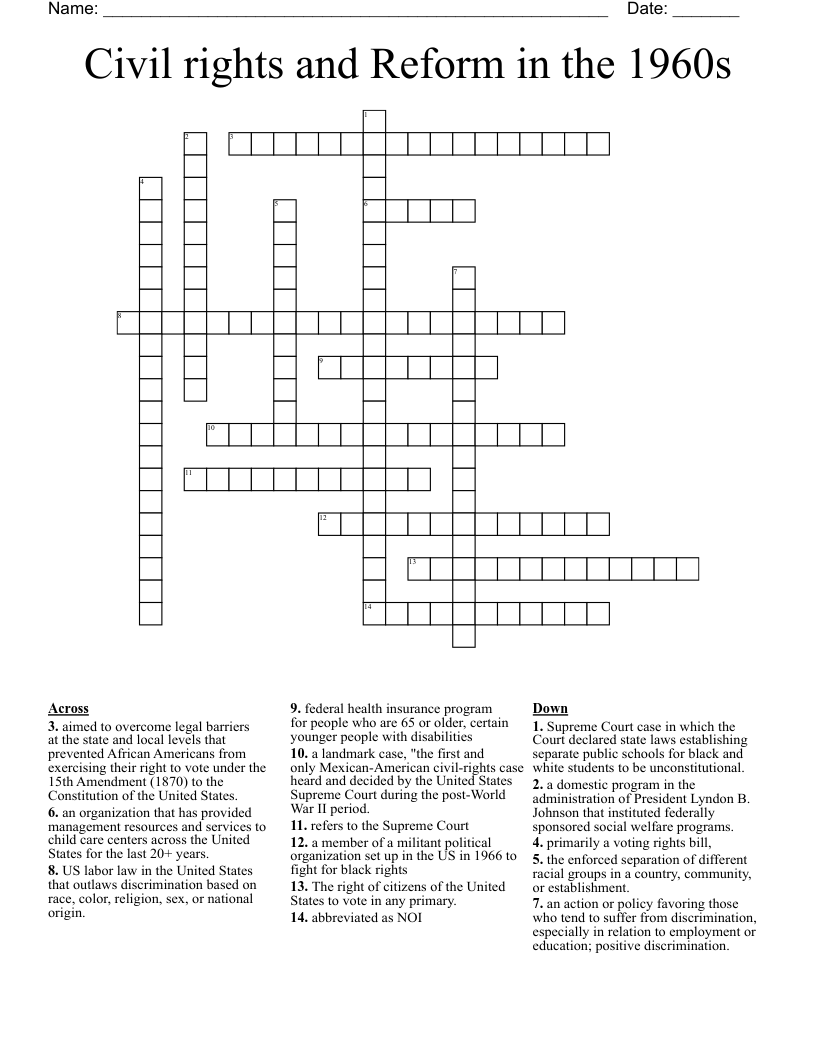 Civil rights and Reform in the 1960s Crossword