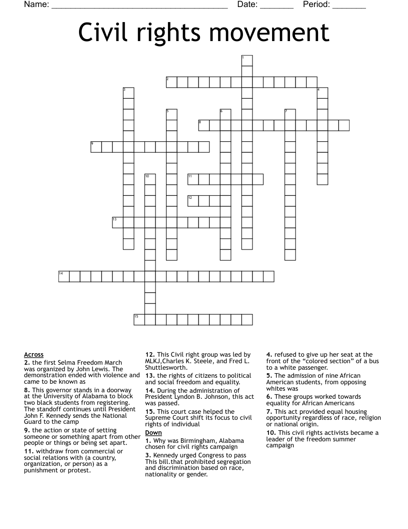 Civil rights movement  Crossword