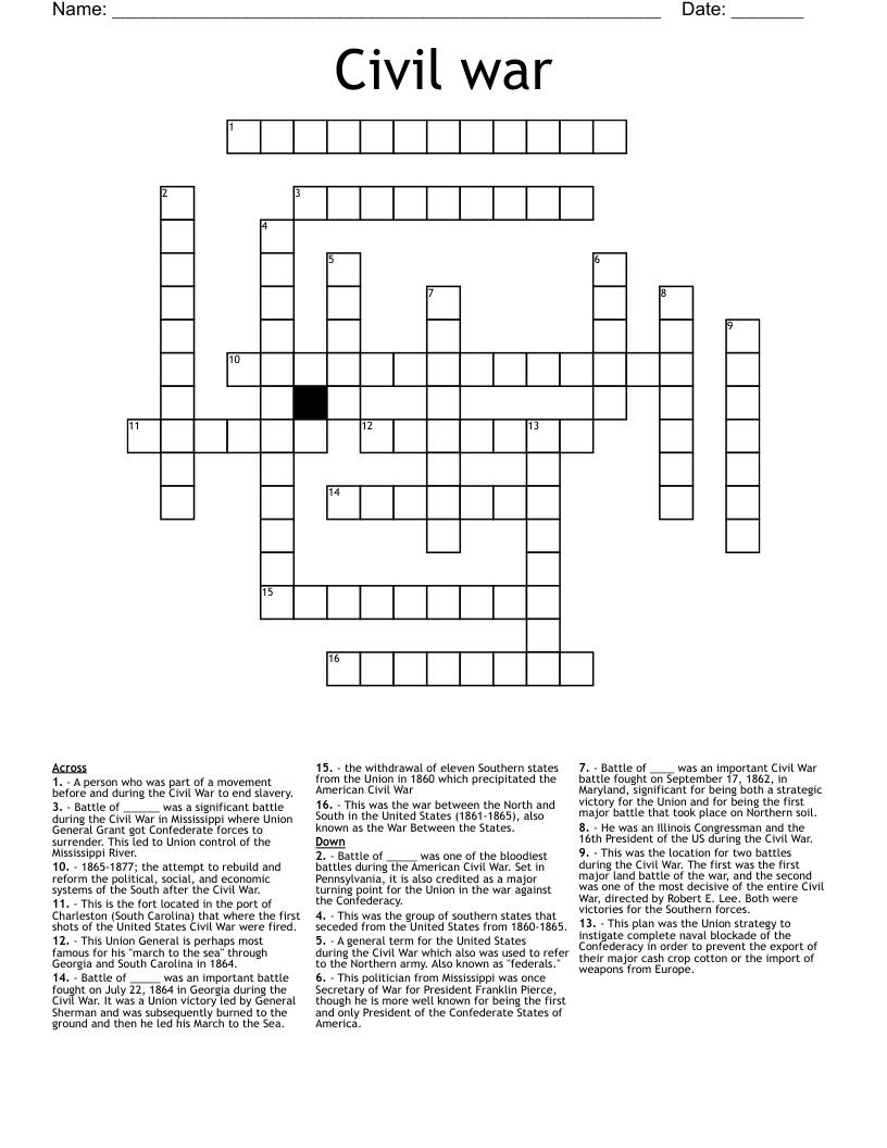 Civil war Crossword