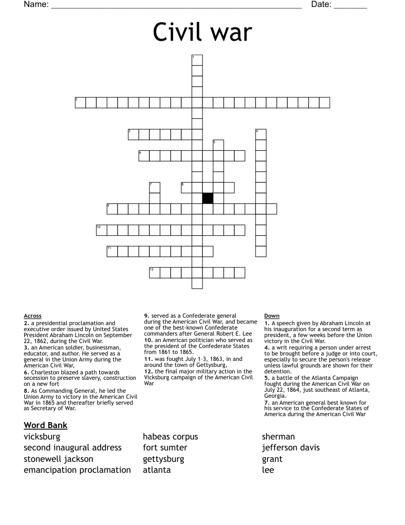 Civil war Crossword