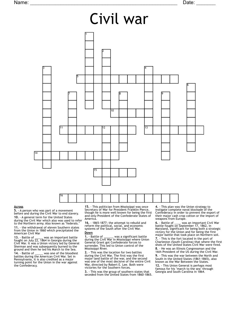 Civil war  Crossword