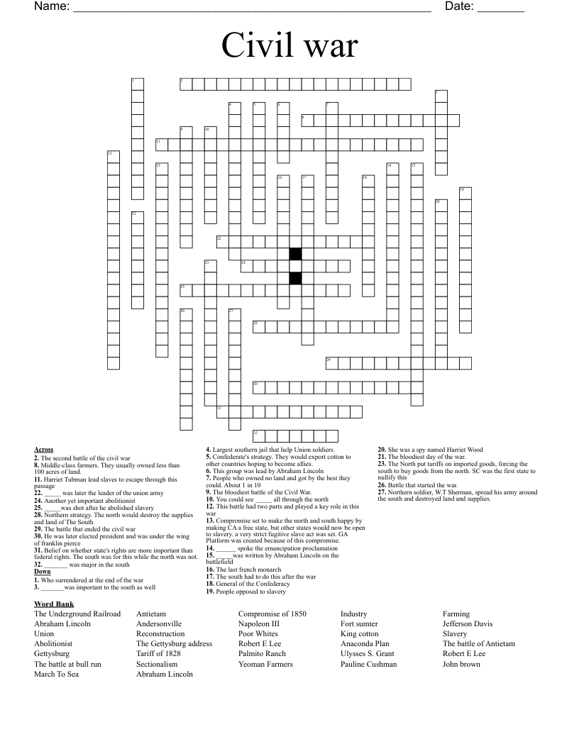 Civil war  Crossword