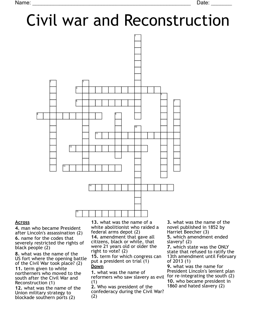 Civil war and Reconstruction Crossword