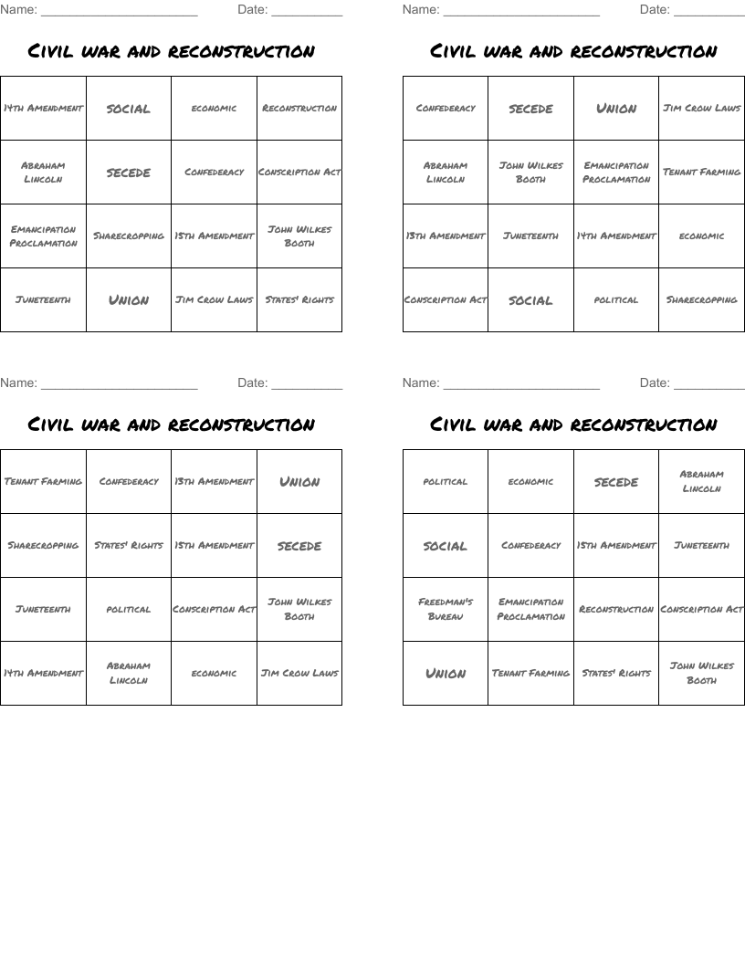 Civil war and reconstruction Bingo Cards