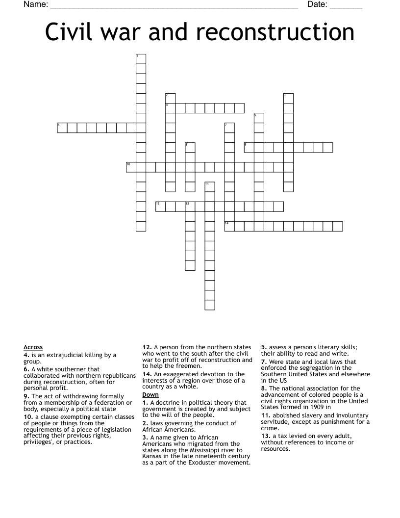 Civil war and reconstruction  Crossword