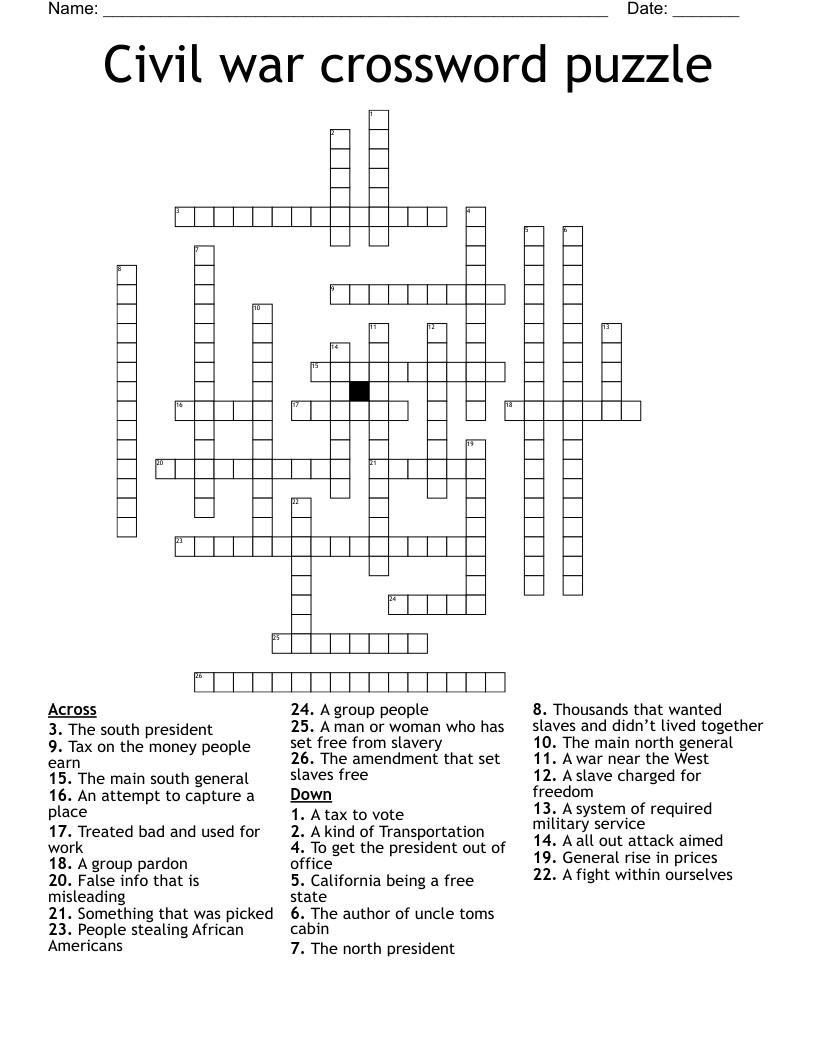 Civil war crossword puzzle