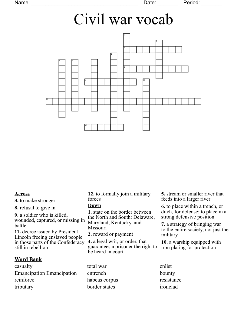 Civil war vocab  Crossword